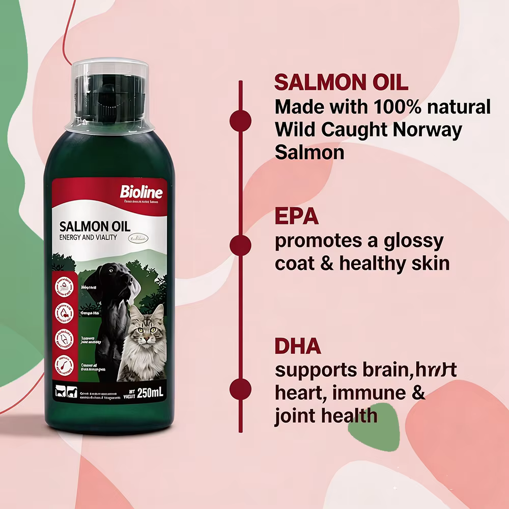 Huile de saumon Bioline 250 ml pour chiens et chats, huile de poisson, acides gras oméga, EPA et DHA pour animaux de compagnie, peau sensible, santé du pelage