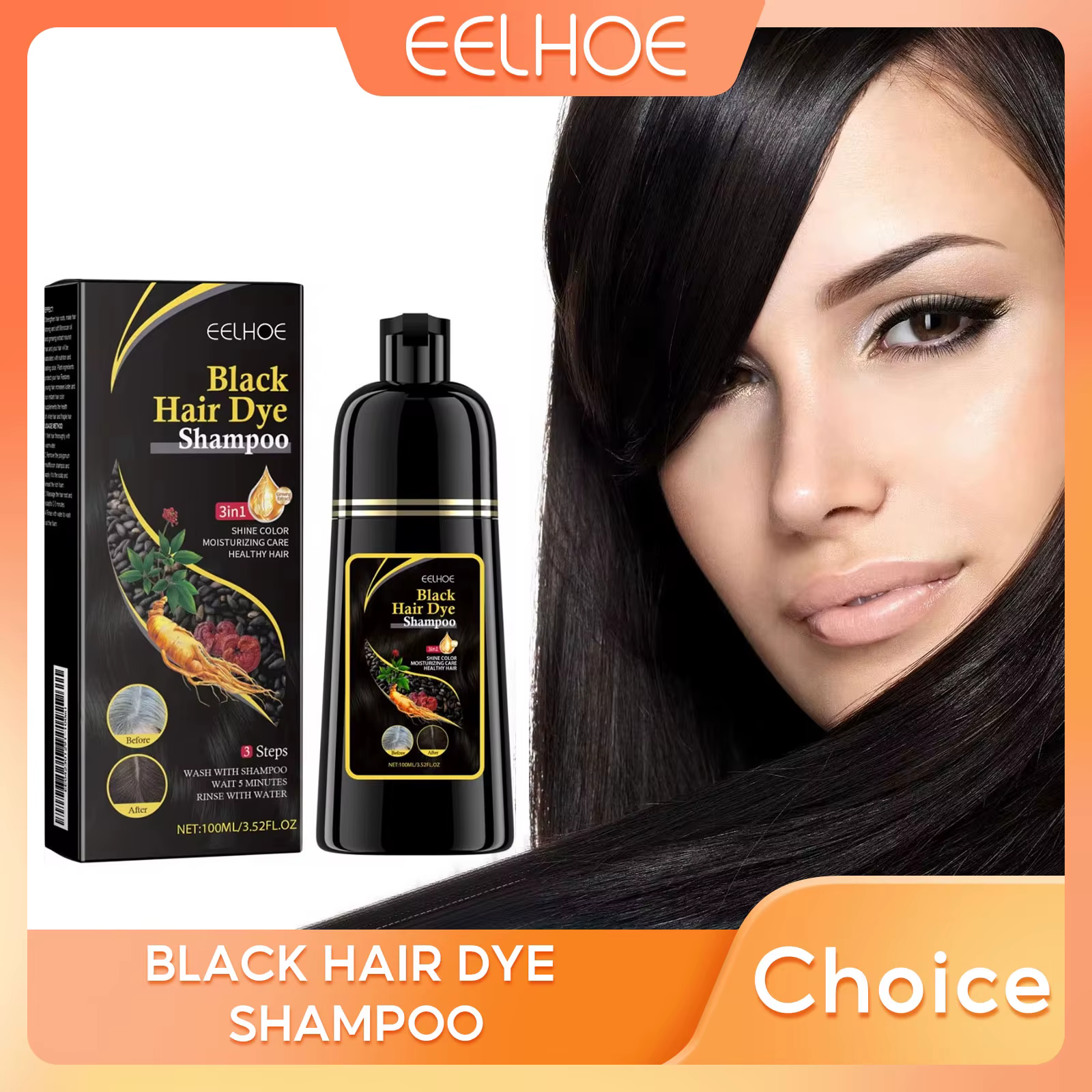EELHOE shampooing de teinture pour cheveux noirs 3 en 1 croissance propre