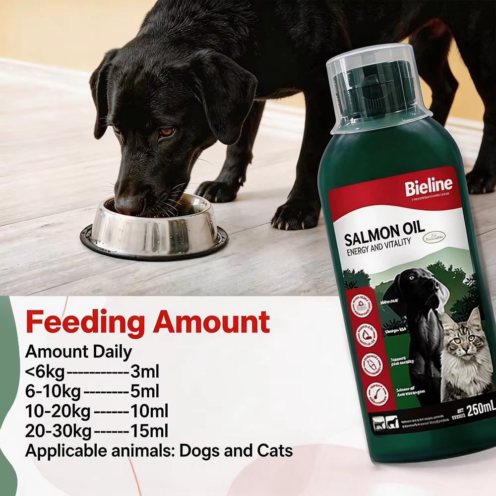 Huile de saumon Bioline 250 ml pour chiens et chats, huile de poisson, acides gras oméga, EPA et DHA pour animaux de compagnie, peau sensible, santé du pelage