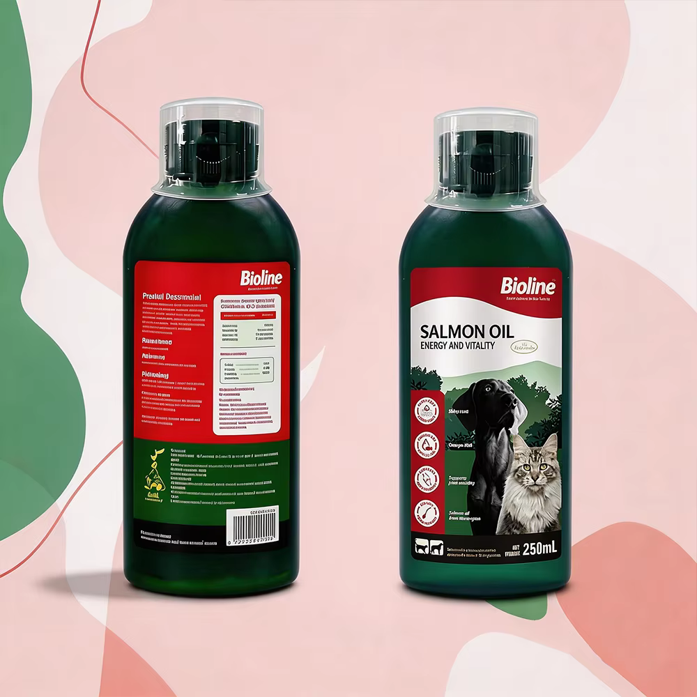 Huile de saumon Bioline 250 ml pour chiens et chats, huile de poisson, acides gras oméga, EPA et DHA pour animaux de compagnie, peau sensible, santé du pelage