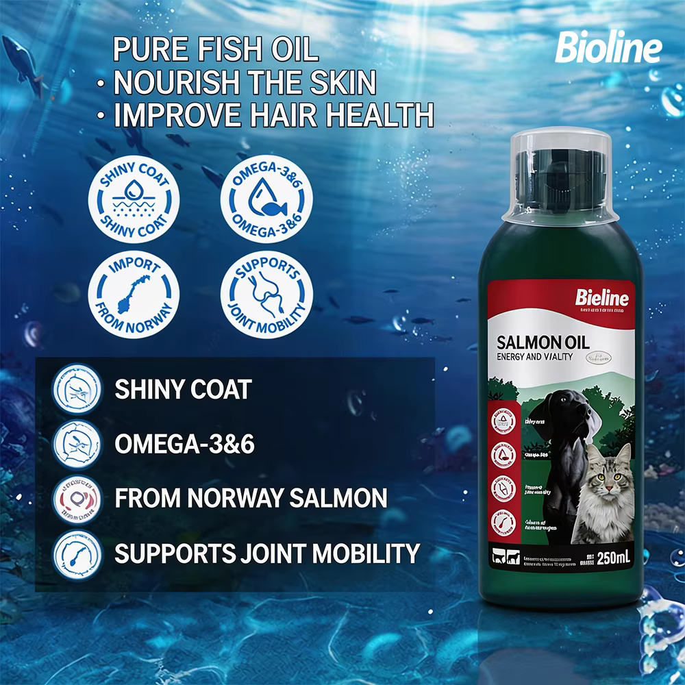 Huile de saumon Bioline 250 ml pour chiens et chats, huile de poisson, acides gras oméga, EPA et DHA pour animaux de compagnie, peau sensible, santé du pelage