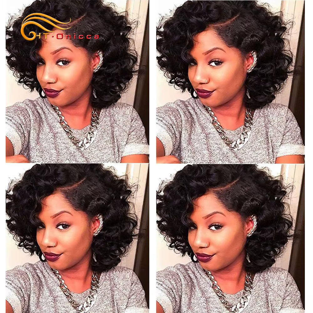 Htonicca-Extensions de Cheveux Brésiliens Naturels Courts Bouclés