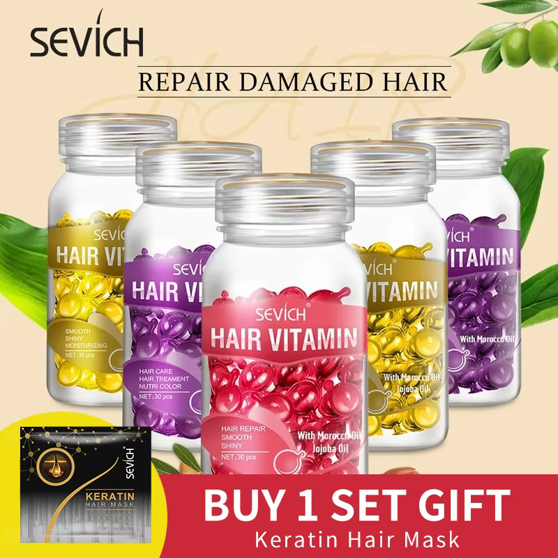 Sevich 3PCS/SET Kit de Capsules de Vitamines Capillaires à l'Huile de Kératine Complexe – Huile Capillaire Marocaine pour Soin et Réparation des Cheveux Abîmés – Sérum Traitant Lissant