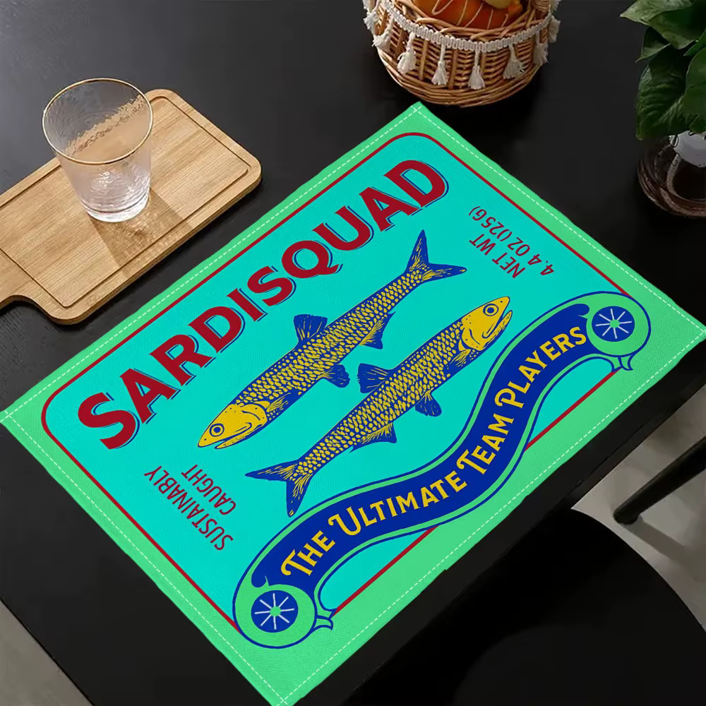 Napperons imprimés de sardines dans l'huile, 4 pièces, tapis rectangulaires de conception colorée pour Table à manger, décor de sardine, accessoire de cuisine