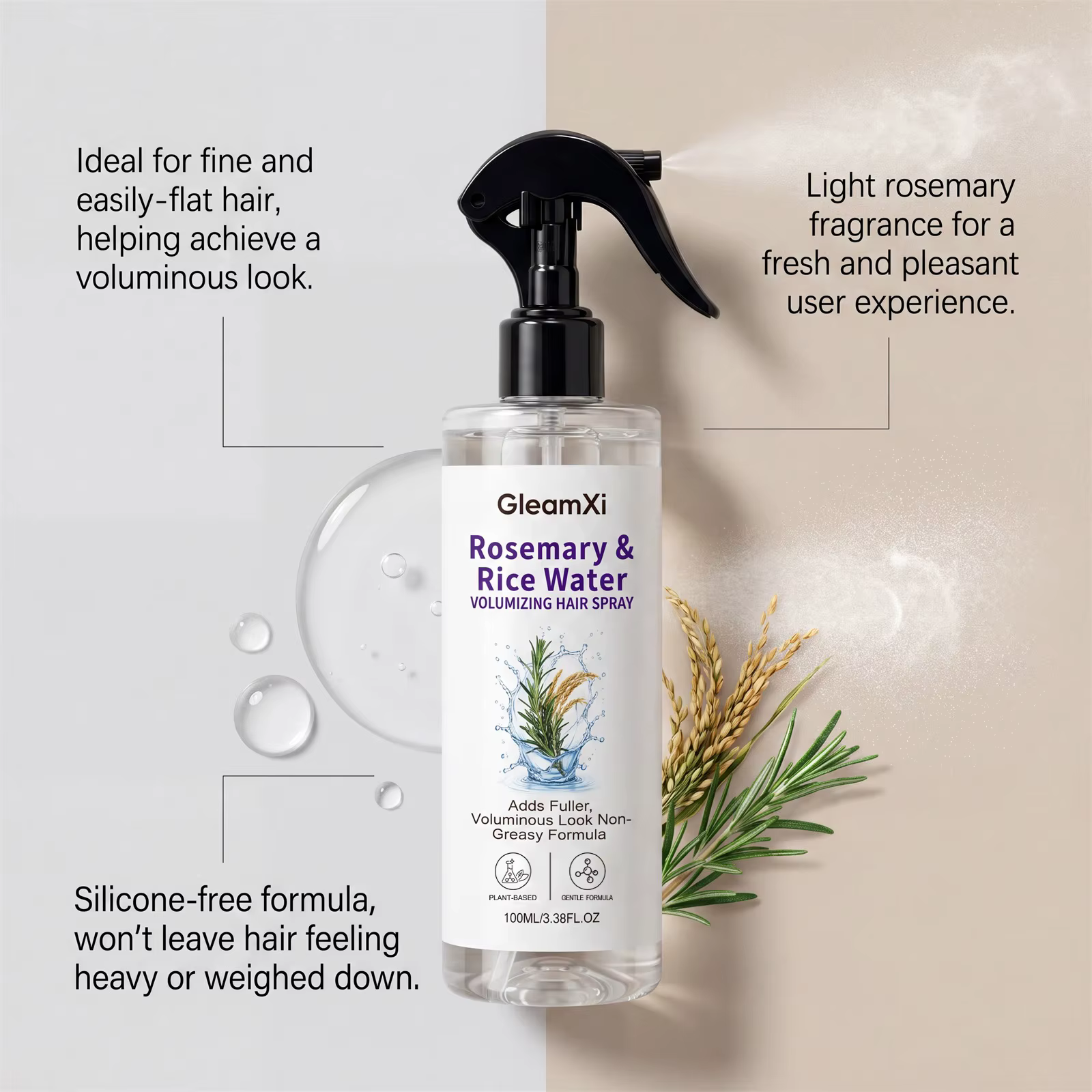 Spray capillaire à la rose et à l'eau de riz