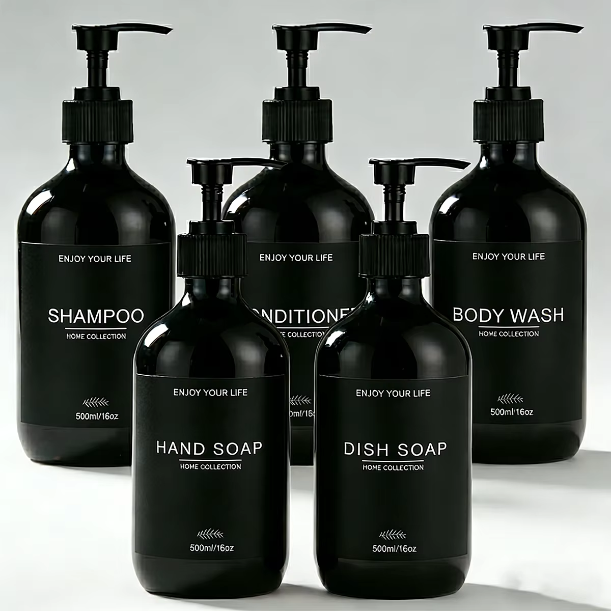 Ensemble de distributeurs de savon pour douche, noir brillant, rechargeables, pour shampoing, après-shampoing et gel douche, avec étiquettes imperméables, pour salle de bain