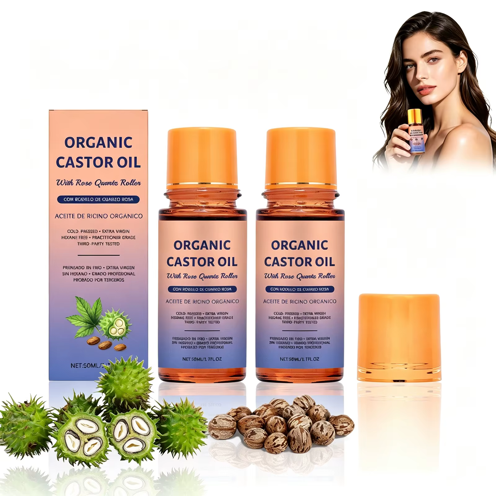 Huile de ricin bio pressée à froid sans hexane avec applicateur à bille en quartz rose