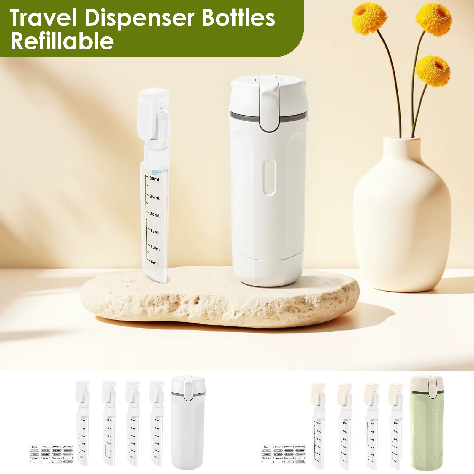 Bouteille distributrice d'émulsion 4 en 1, conteneur portable rechargeable et étanche avec étiquettes, bouteille distributrice de voyage pour shampoing