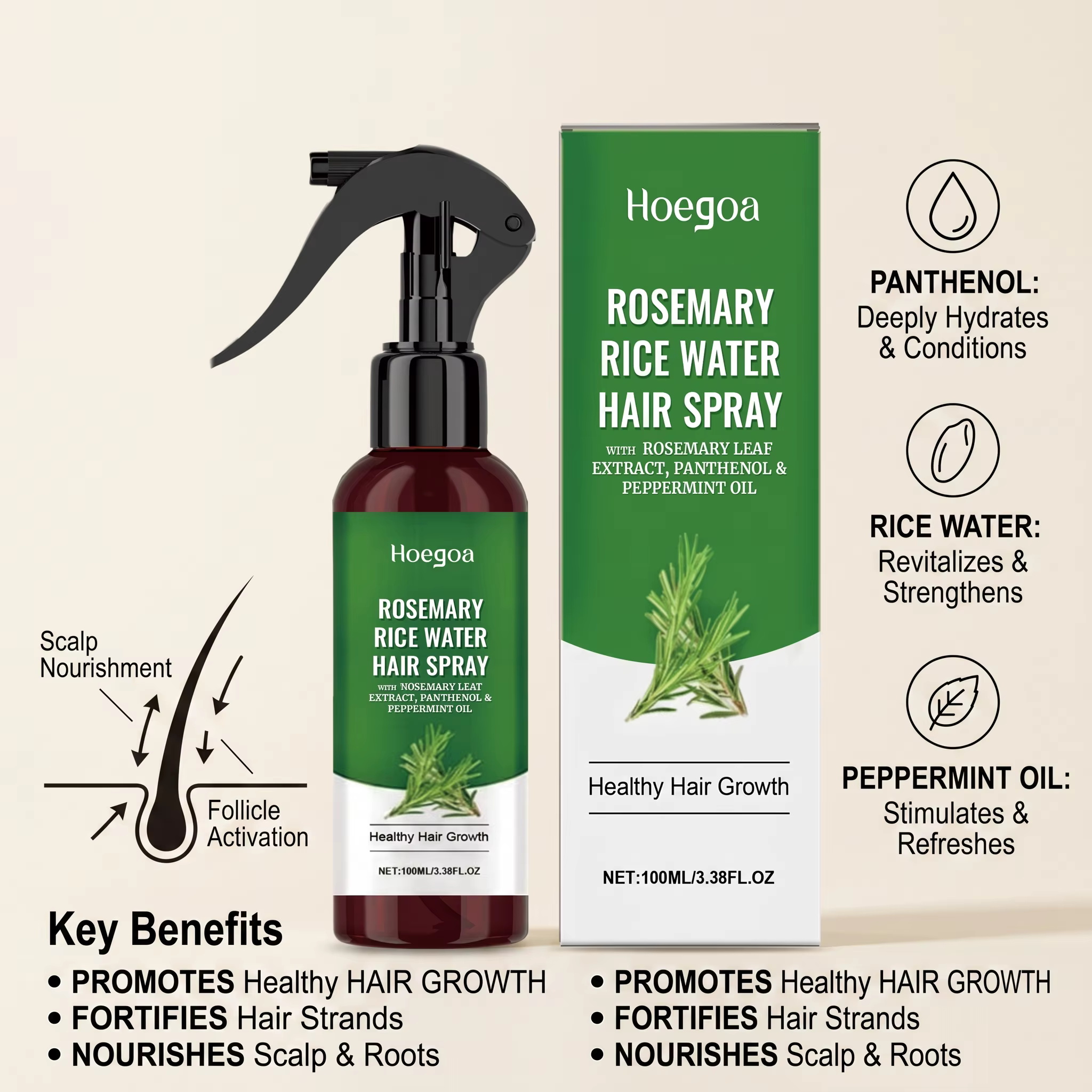 Spray capillaire à l'eau de riz et au romarin pour cheveux secs et crépus