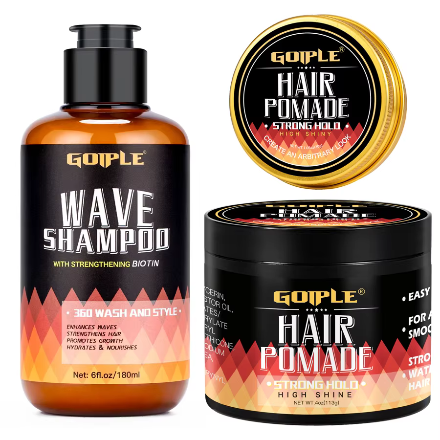 GOIPLE 180ml shampooing ondulé nettoyage en profondeur ou 113g 360 Style pommade pour cheveux haute brillance forte tenue contrôle des couches crème de cire ondulée pour hommes