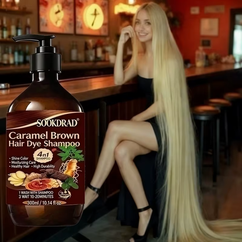 Shampoo colorant brun caramel, 4-en-1 nourrissant, coloration rapide, pour tous types de cheveux