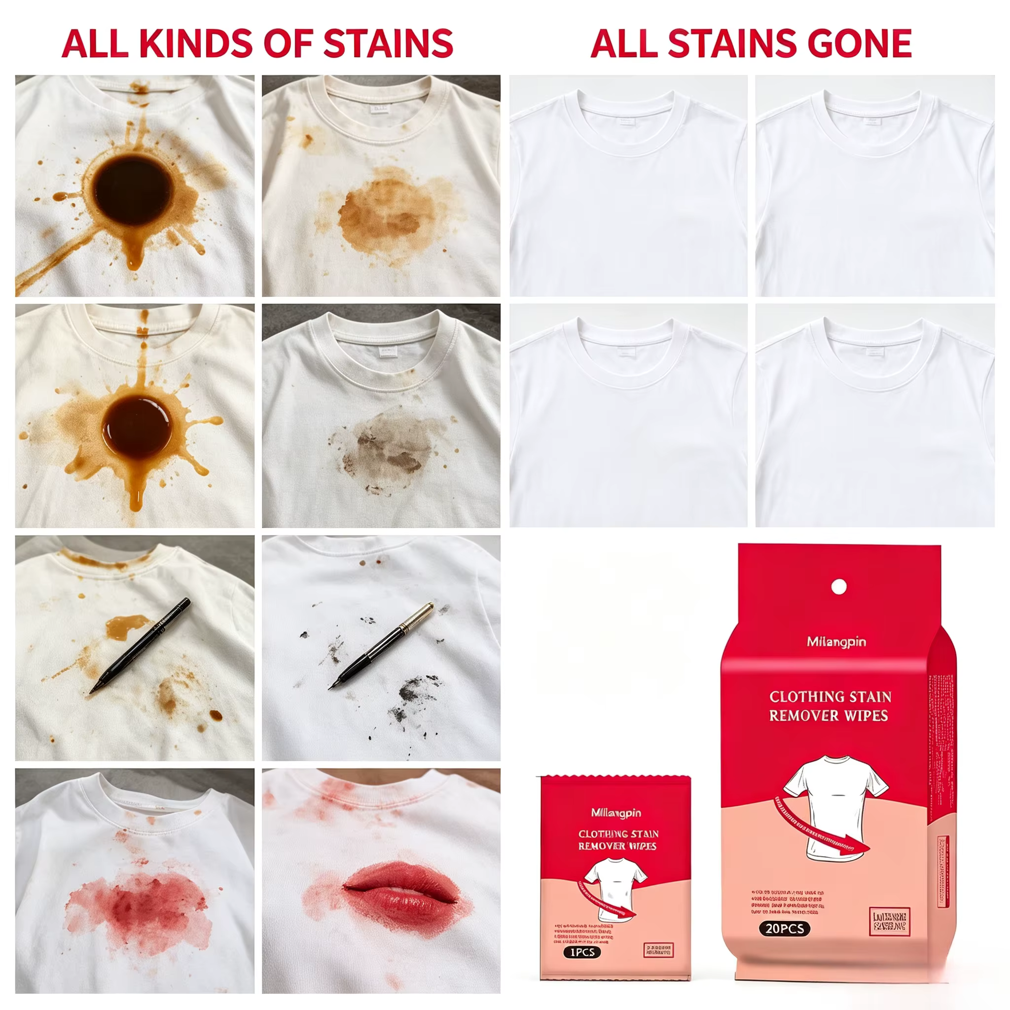 Lingettes nettoyantes pour taches de vêtements, huile dégraissante, pratiques à transporter et à utiliser/consserver pour les voyages en extérieur, emballées individuellement.