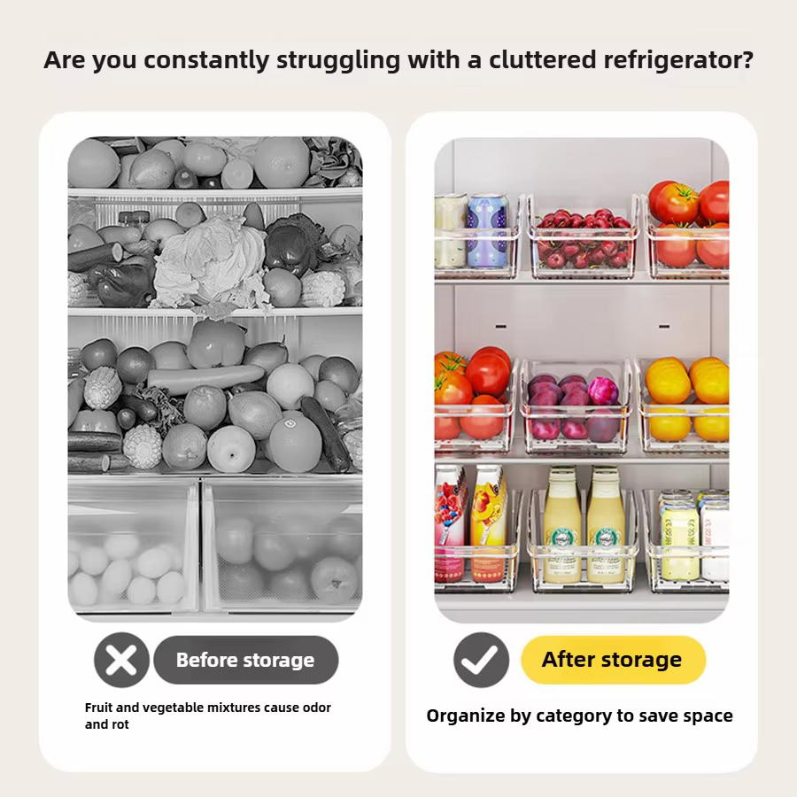 Organisateur de réfrigérateur transparent, bacs organisateurs de réfrigérateur, organisateurs de réfrigérateur et conteneurs de stockage pour fruits, légumes, aliments, boissons