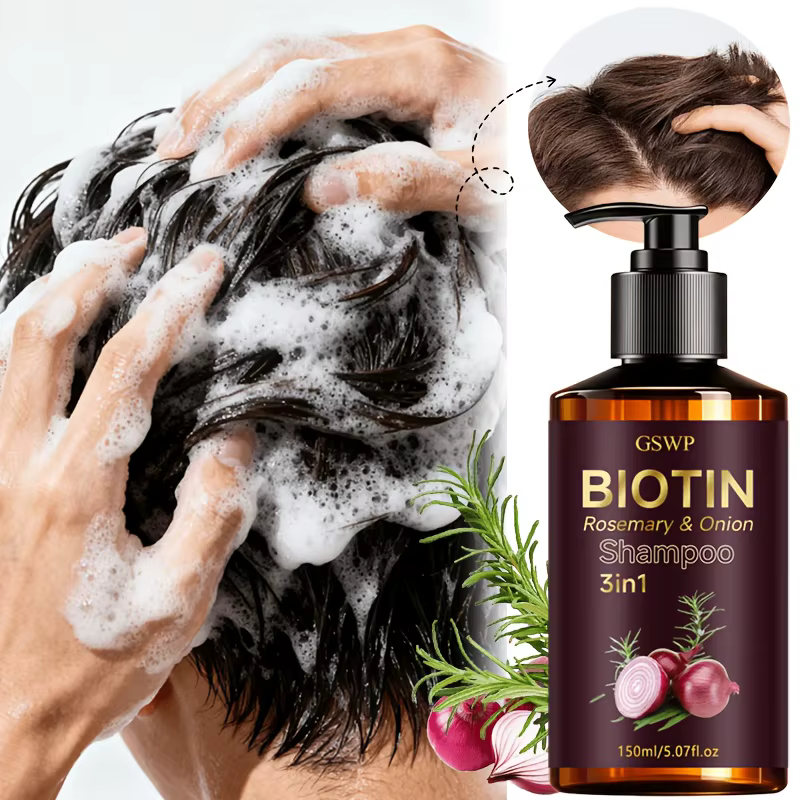 GSWP Shampooing 3-en-1 Biotine, Romarin et Oignon. Nettoie en profondeur le cuir chevelu, contrôle l'excès de sébum, hydrate, adoucit et nourrit. 150ml