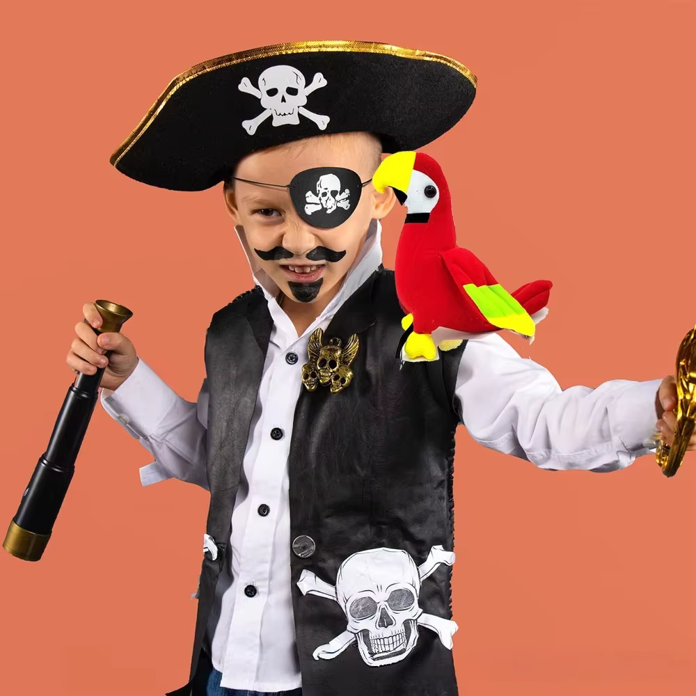 Masque de pirate pour oiseau, ensemble de costume de jeu de rôle, jouet en peluche d'épaule en forme de perroquet, ensemble de costume de pirate, décoration de fête d'Halloween, perroquet