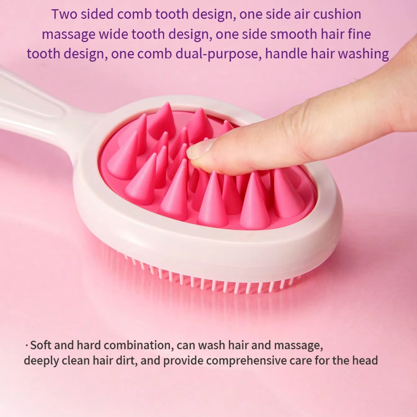 Brosse de massage du cuir chevelu à double denture et manche long en silicone pour un nettoyage en profondeur et démêlage des cheveux humides ou secs