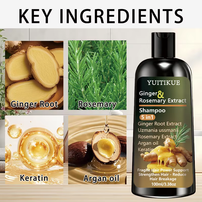 Shampoo à l'extrait de gingembre et de romarin YUITIKUE 5-en-1 : Nourrit intensément