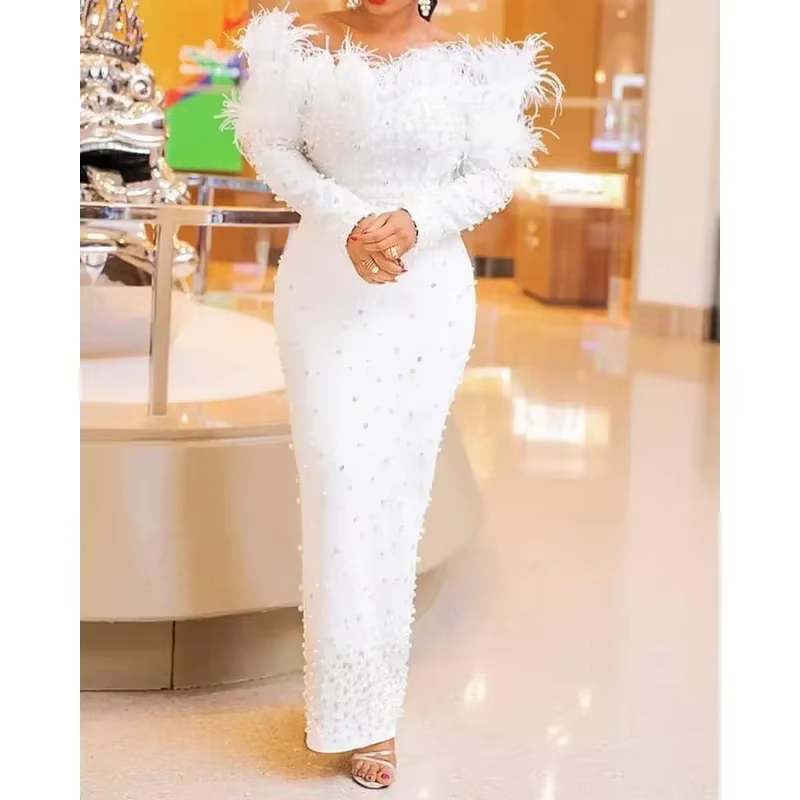 Robe fourreau perlée pour femme, robe mi-longue sexy, col slash, solide, taille haute, tendance, robes de soirée