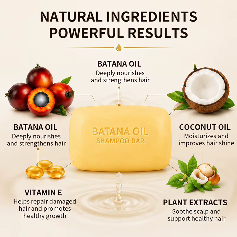 Savon Solide Portable Shampooing à l'Huile de Coco et Vitamine E, Huile de Batana, Nourrit en Profondeur, Répare les Cheveux Secs et Frisés, Nettoie Doucement le Cuir Chevelu