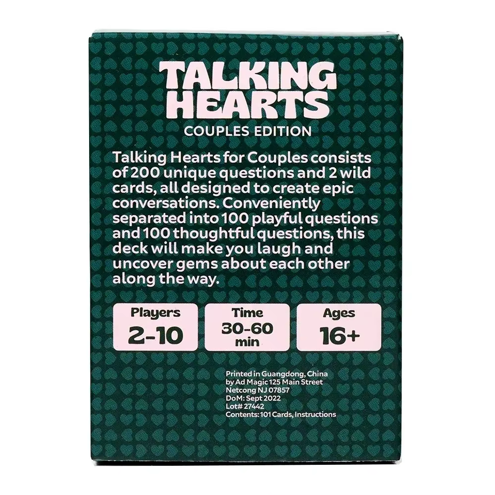 Jeu de cartes Taklig Hearts, jeux de société romantiques pour couples, jeux de cartes interactifs, cartes de conversation Talking Hearts, Saint-Valentin