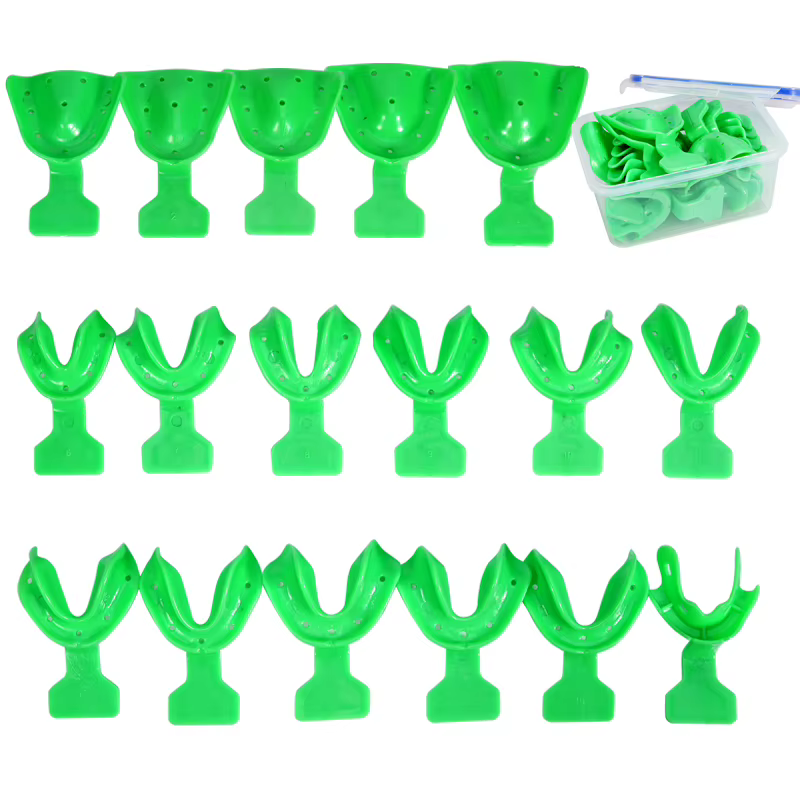 Ensemble de 17 plateaux dentaires en plastique, plateau d'empreinte buccale complet vert pour nettoyage dentaire, plateau jetable résistant aux hautes températures