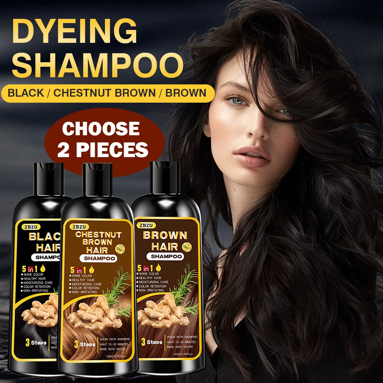Nouveau shampoing colorant pour cheveux 5-en-1, contenant du gingembre et de la biotine. Rétention de couleur longue durée et couverture des cheveux gris. Longue durée