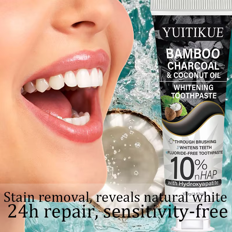 Dentifrice au charbon de bambou et à l'huile de coco YUITIKUE |   10% d'hydroxyapatite NHAP |   Soins dentaires sans fluor 100g