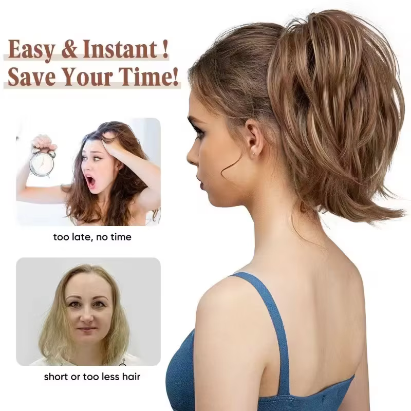 Pour cheveux courts : Queue de cheval synthétique ondulée à clipser