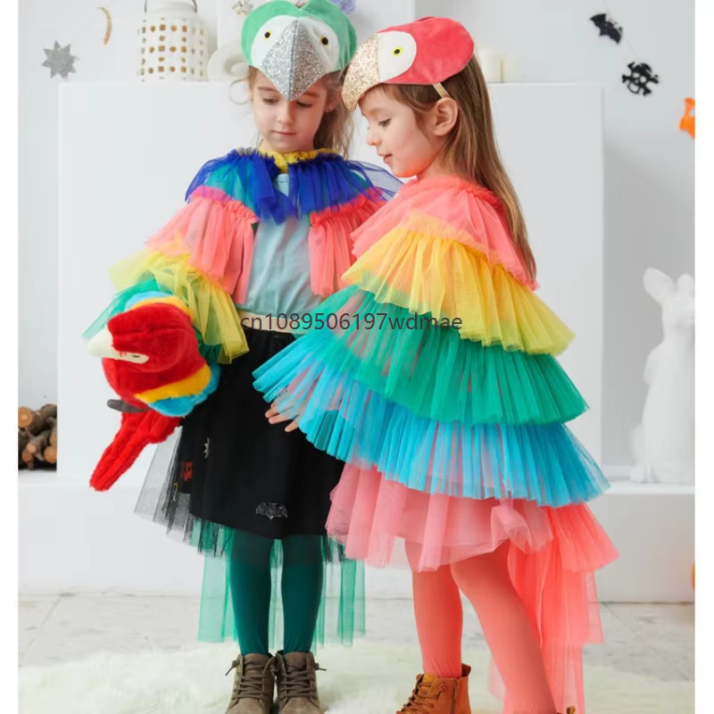 Cape de costume d'oiseau multicolore pour enfant, tenue de cosplay animal pour fille, robe de performance scénique, costume de carnaval à thème oiseau