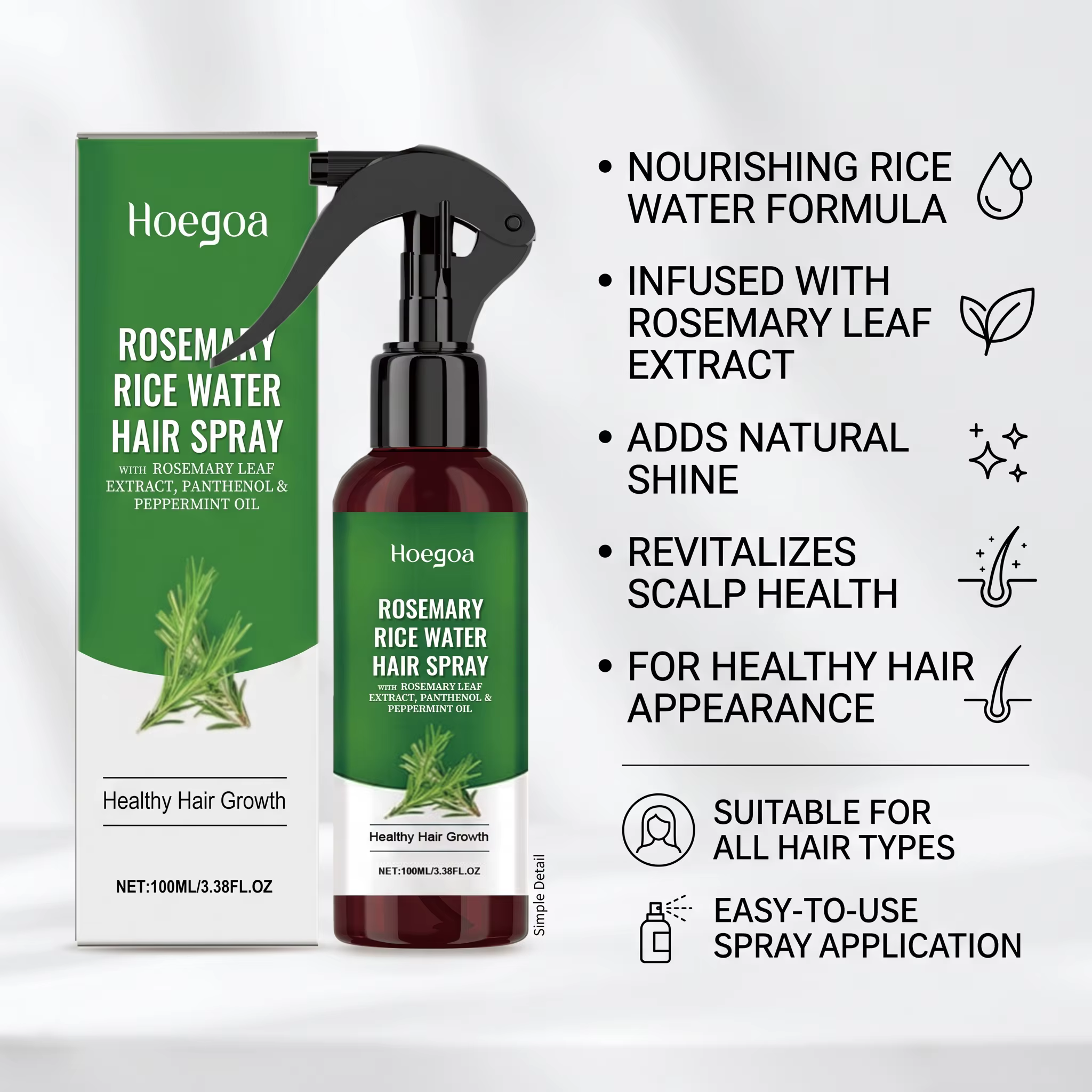 Spray capillaire à l'eau de riz et au romarin pour cheveux secs et crépus