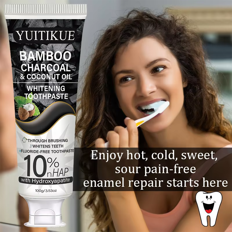 Dentifrice au charbon de bambou et à l'huile de coco YUITIKUE |   10% d'hydroxyapatite NHAP |   Soins dentaires sans fluor 100g