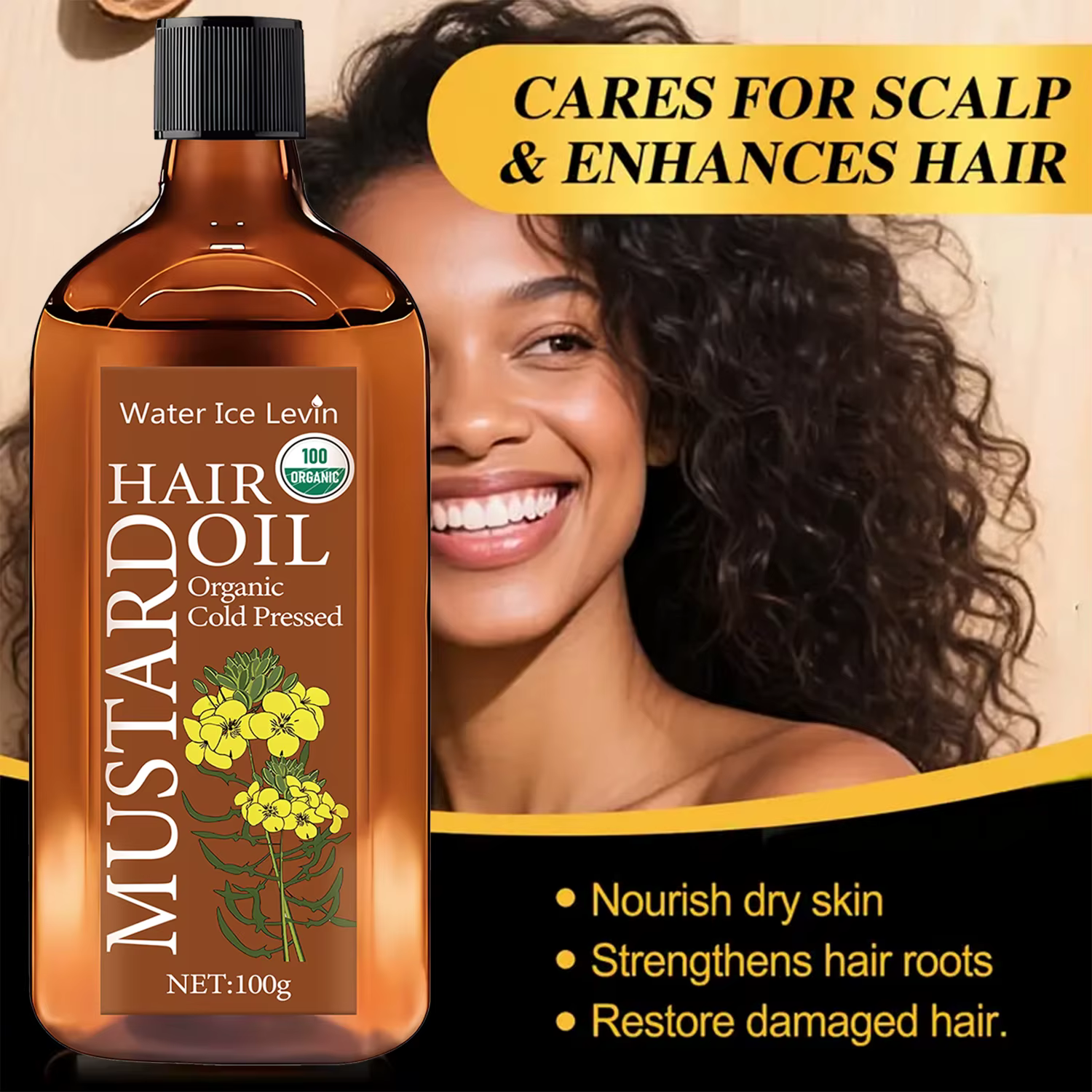 Huile de Moutarde Bio Pressée à Froid pour Cheveux - Acide Hyaluronique et Vitamines