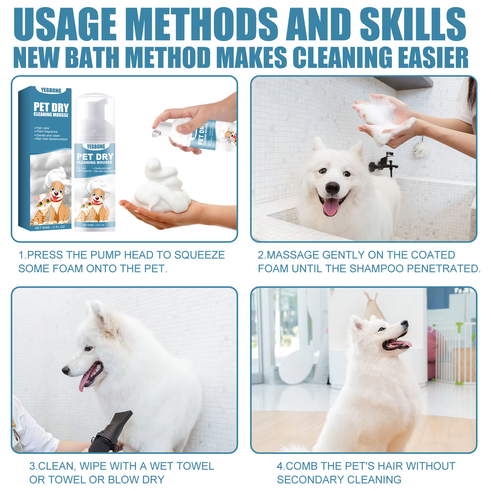 Mousse de shampoing sec pour animaux de compagnie - Sans rinçage pour chatons et chiots, élimine les odeurs et adoucit le pelage