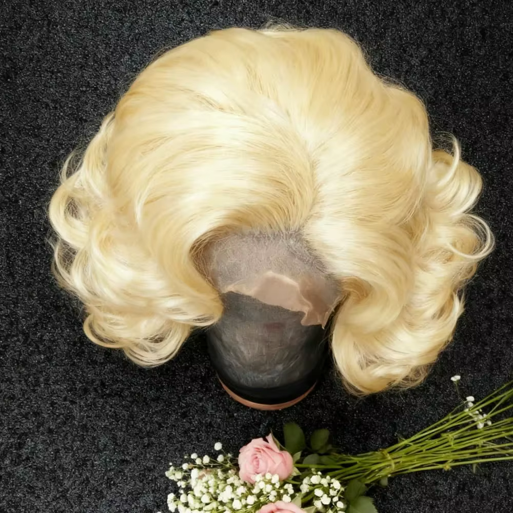 Perruque Blonde 613 Courte Bob Ondulée 13x4 HD Lace Front Synthétique Pré-Pluckée Sans Colle Pour Usage Quotidien et Cosplay En Promotion