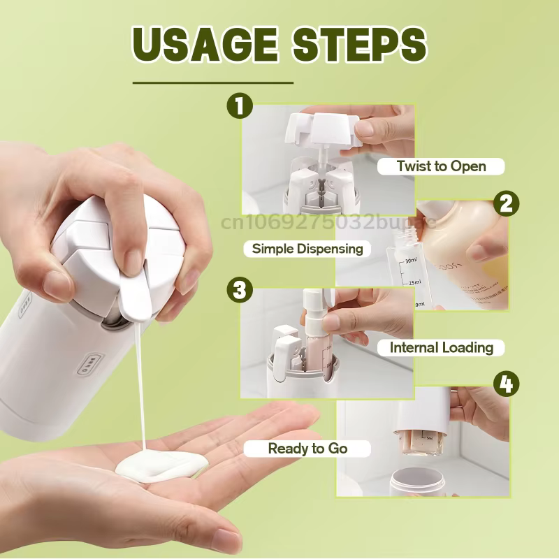 Distributeur de voyage 4-en-1, flacon de shampoing rechargeable portable, adaptateur de voyage, flacon pulvérisateur rechargeable détachable, transparent et visible