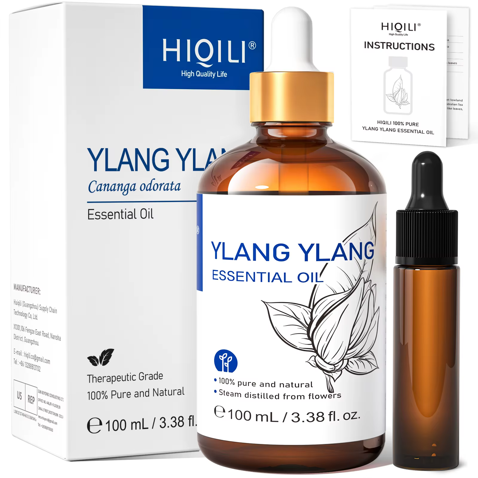 HIQILI Huile Essentielle Naturelle d'Ylang Ylang 10/30/100ml, Extraction de Matière Première, Parfum d'Ambiance, Humidificateur, Parfum pour Voiture