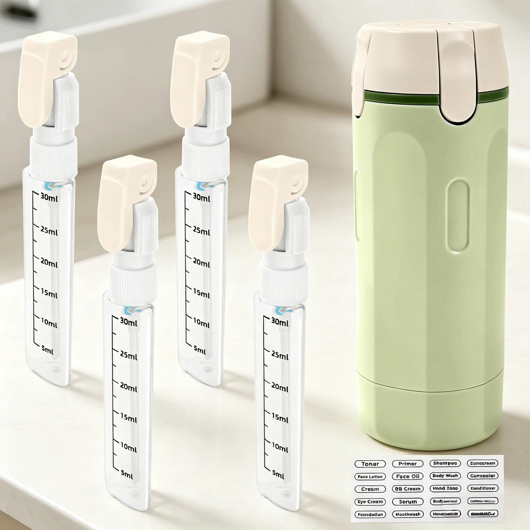 Bouteille distributrice d'émulsion 4 en 1, conteneur portable rechargeable et étanche avec étiquettes, bouteille distributrice de voyage pour shampoing