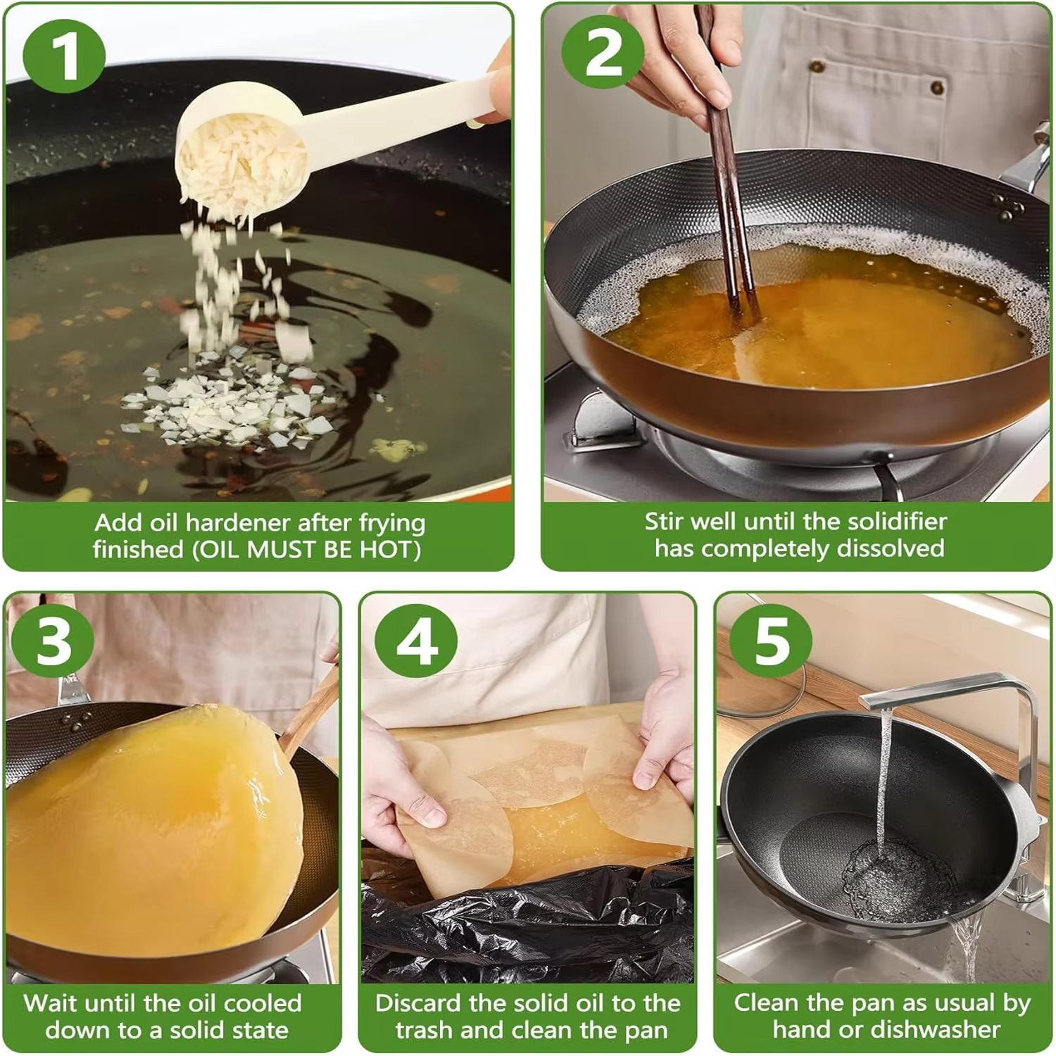 Solidifiant pour huiles usagées : solidifie rapidement l'huile de cuisson usagée et diverses graisses – Agent de nettoyage et de solidification pour les huiles usagées de cuisine