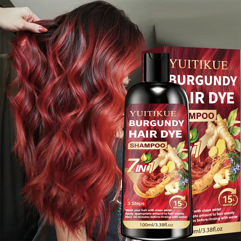 Shampoo colorant capillaire YUITIKUE Bourgogne 100ml 7 en 1 infusé aux plantes, couvre les cheveux gris, coloration capillaire simple à domicile, usage quotidien