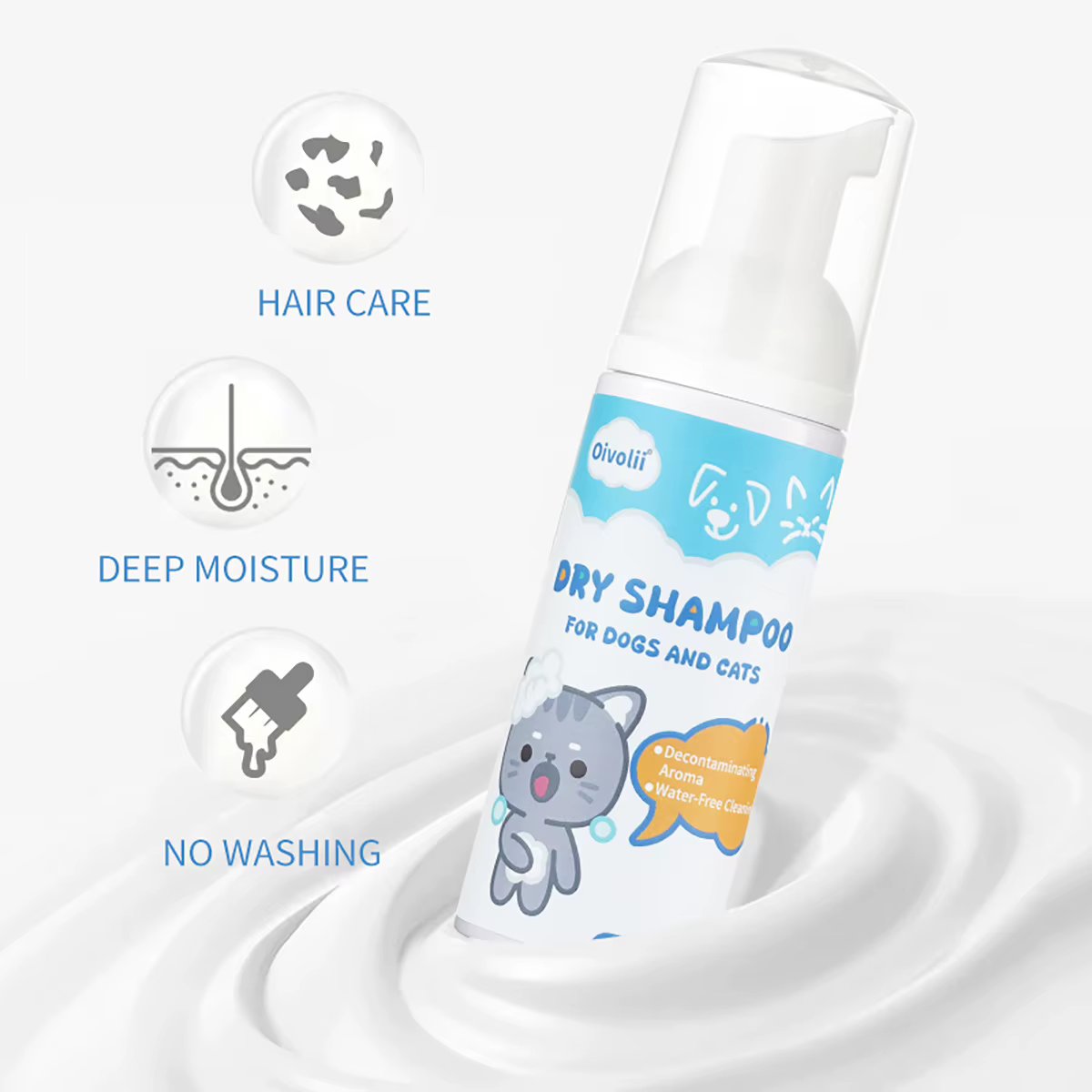 Mousse de shampoing sec pour animaux de compagnie, sans rinçage, mousse sans eau, désodorisante, nettoyage doux, toilettage quotidien pour chiens, chats, chiots à la maison