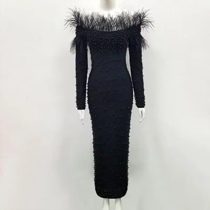 Robe fourreau perlée pour femme, robe mi-longue sexy, col slash, solide, taille haute, tendance, robes de soirée