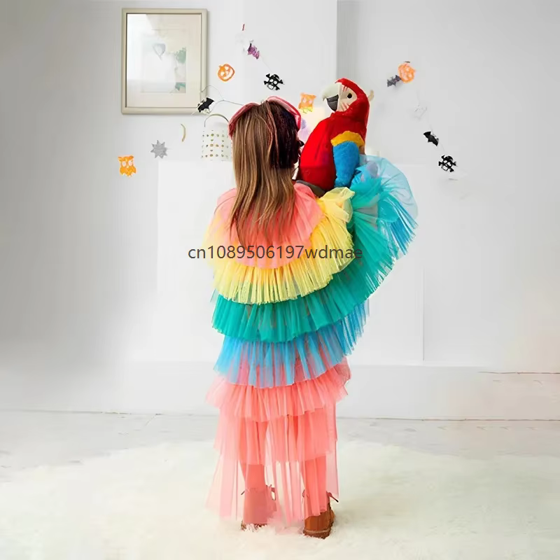 Cape de costume d'oiseau multicolore pour enfant, tenue de cosplay animal pour fille, robe de performance scénique, costume de carnaval à thème oiseau