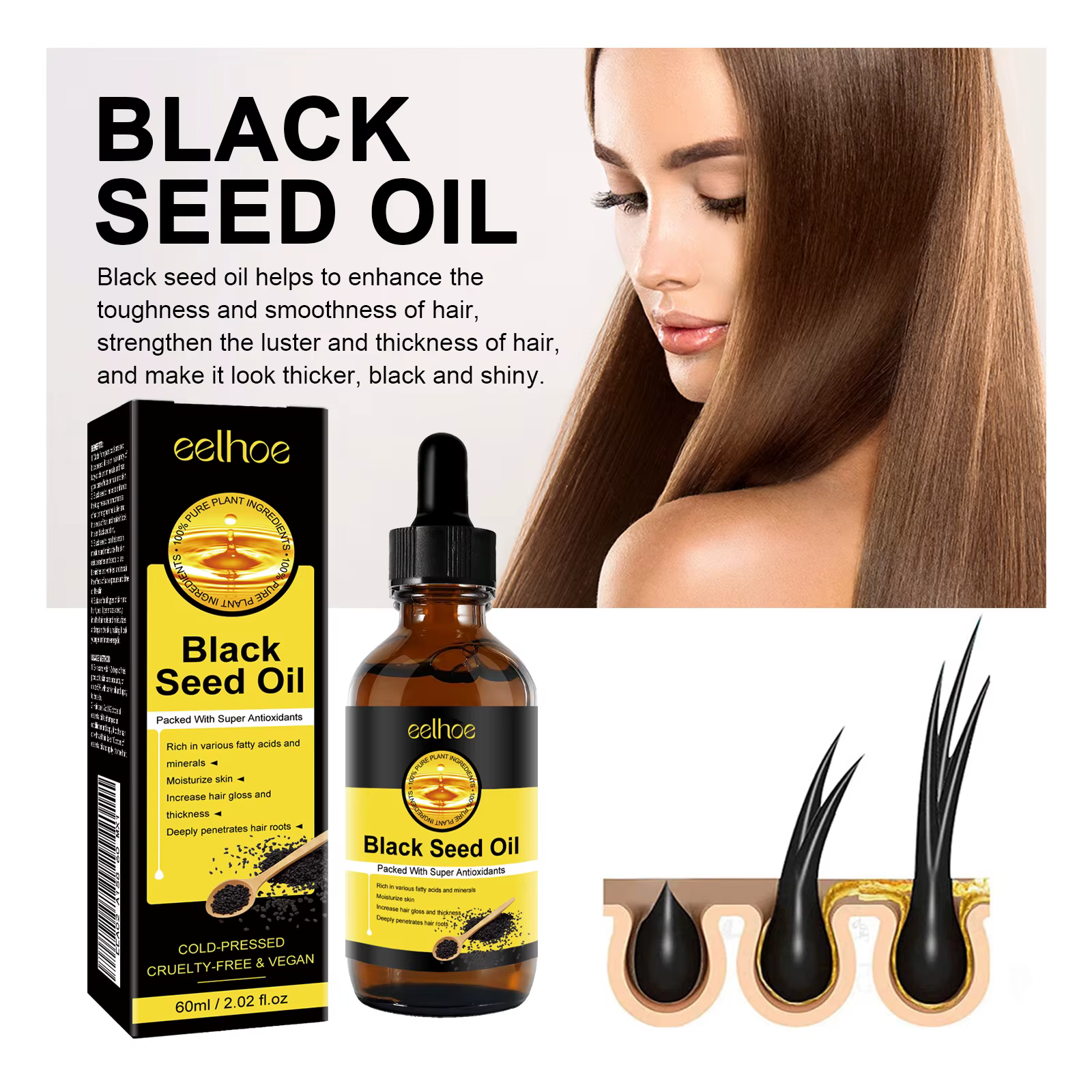 Huile essentielle pour la croissance des cheveux. Répare efficacement les symptômes de calvitie et de perte