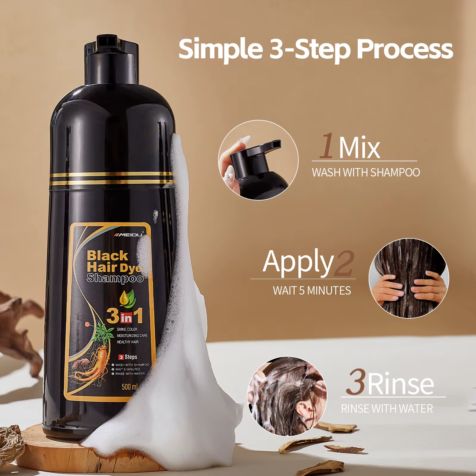 Shampoo colorant capillaire Meidu 3 en 1