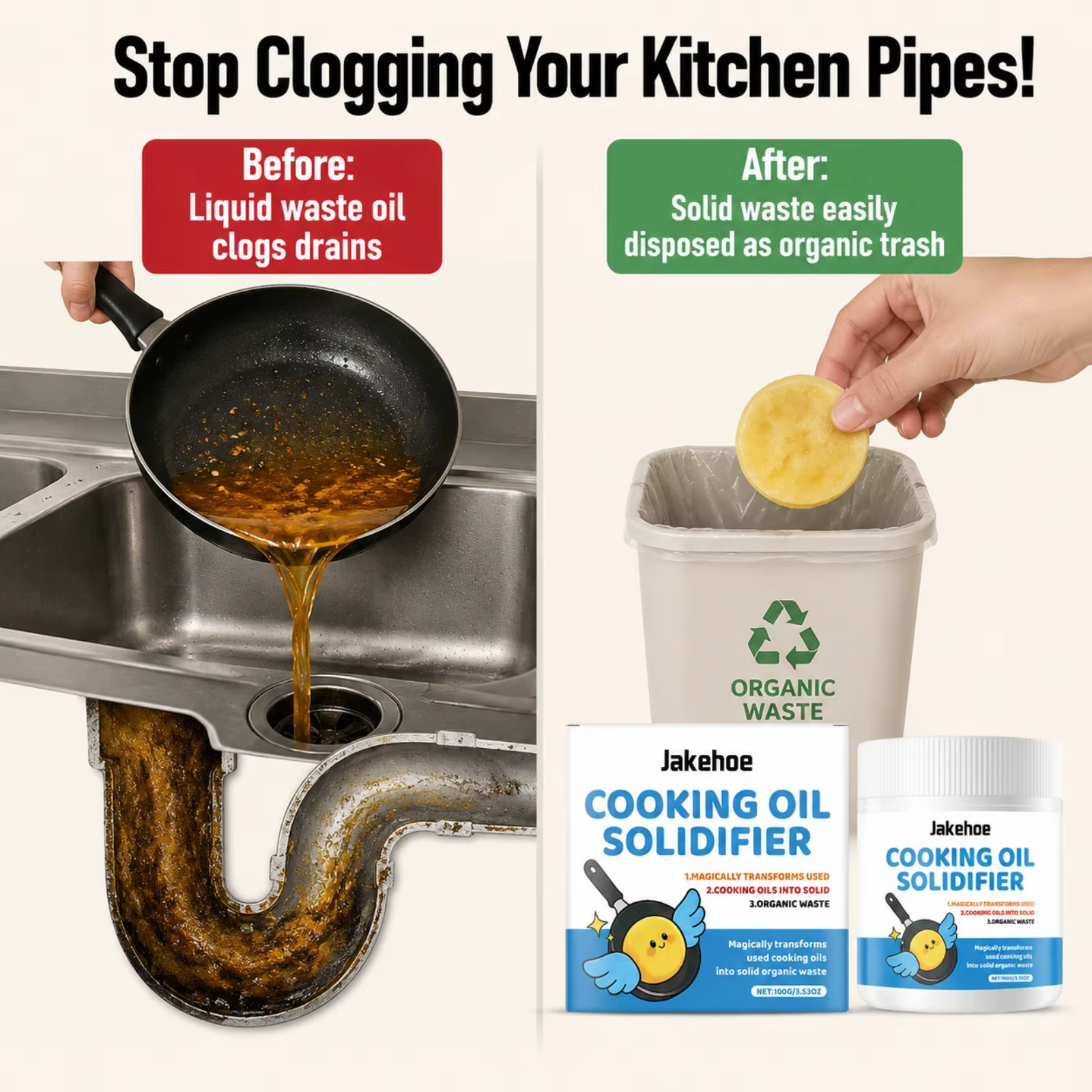Poudre solidifiante pour huile de cuisson : Empêche les canalisations de se boucher, transforme l'huile usagée de friteuse en déchets solides pour la maison, les restaurants et le nettoyage écologique