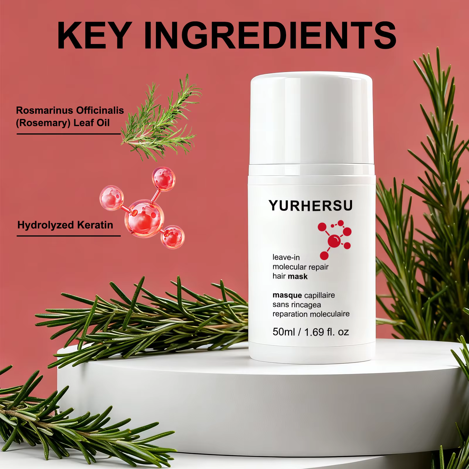 Masque capillaire réparateur moléculaire sans rinçage à la kératine et aux peptides