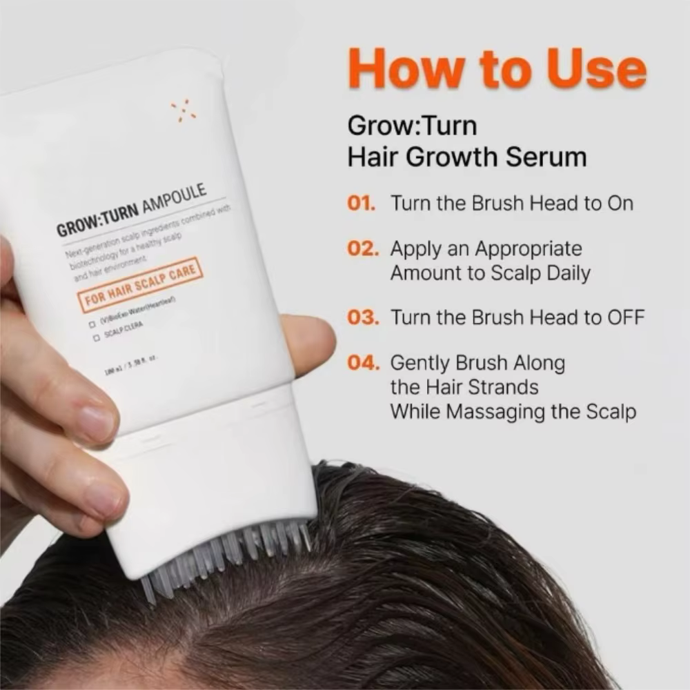 Sérum de croissance capillaire coréen n°1 avec applicateur de massage 100ml Grow:Turn Ampoule avec brosse pour la