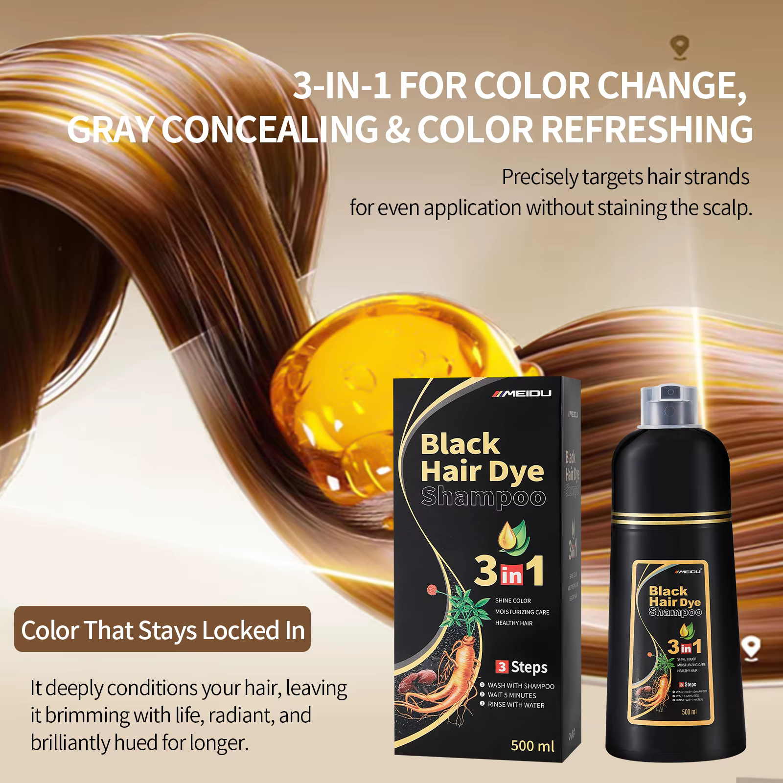 Shampoo colorant capillaire Meidu 3 en 1