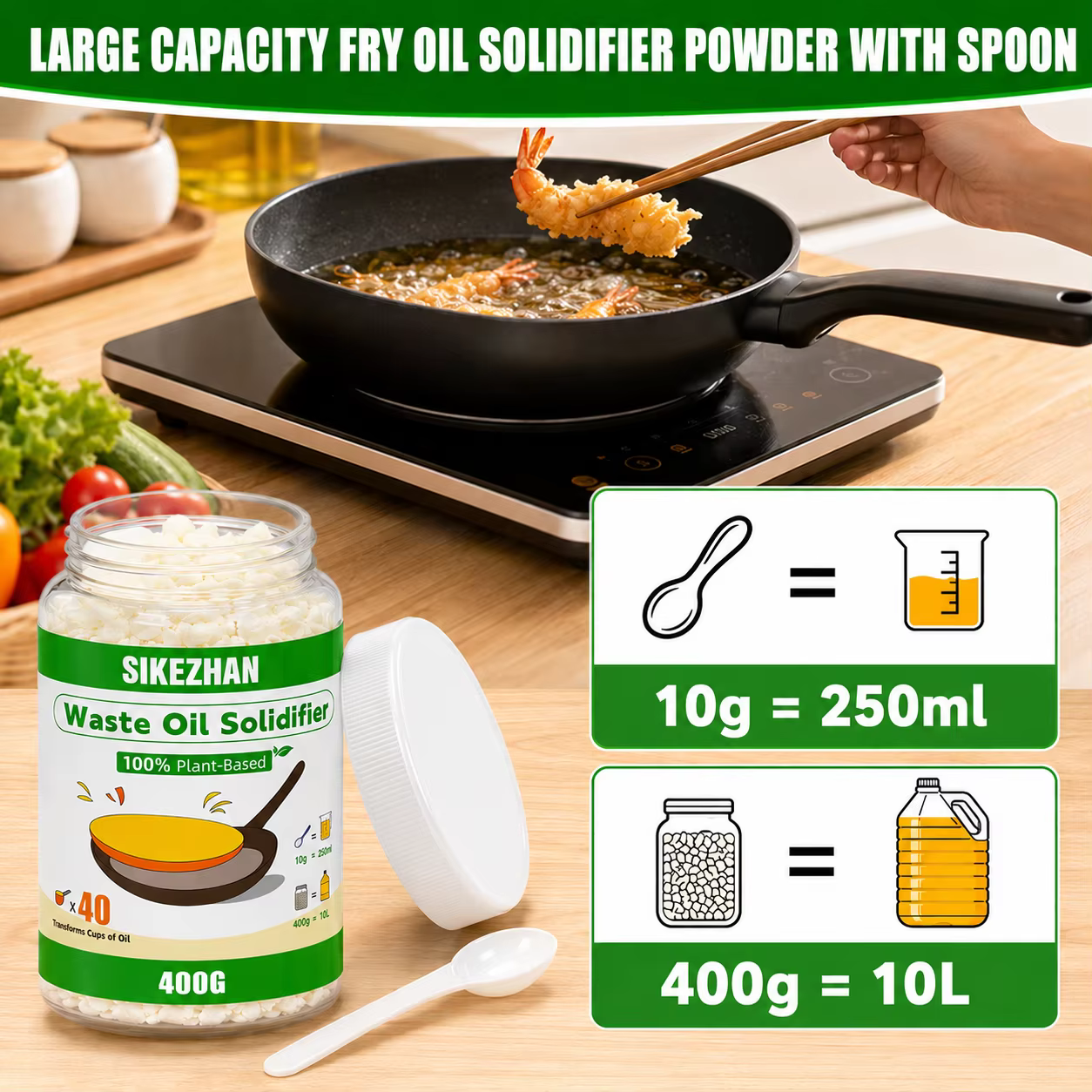 Solidifiant pour huiles usagées : solidifie rapidement l'huile de cuisson usagée et diverses graisses – Agent de nettoyage et de solidification pour les huiles usagées de cuisine