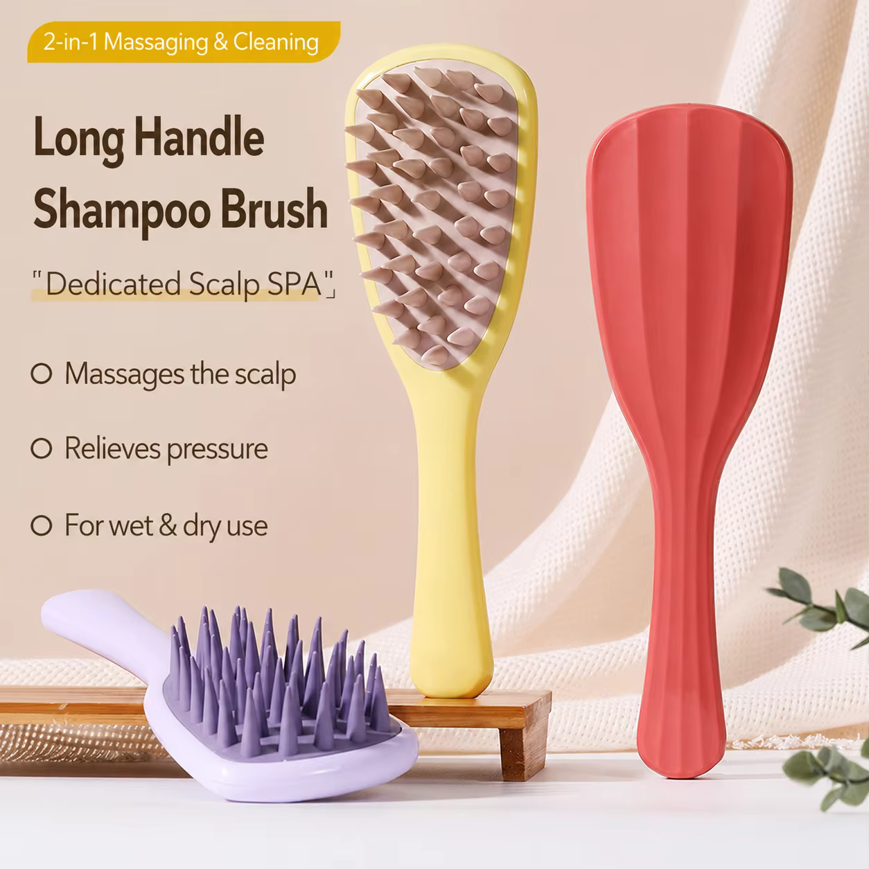 Brosse à shampooing en silicone en forme de feuille de Ginkgo avec long manche, peigne massant le cuir chevelu pour le lavage des cheveux